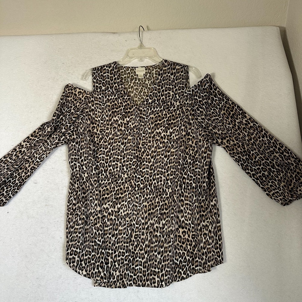 Chico's top sz 2 (L) Leopard Cold Shoulder Button up cheetah chiffon going out‎